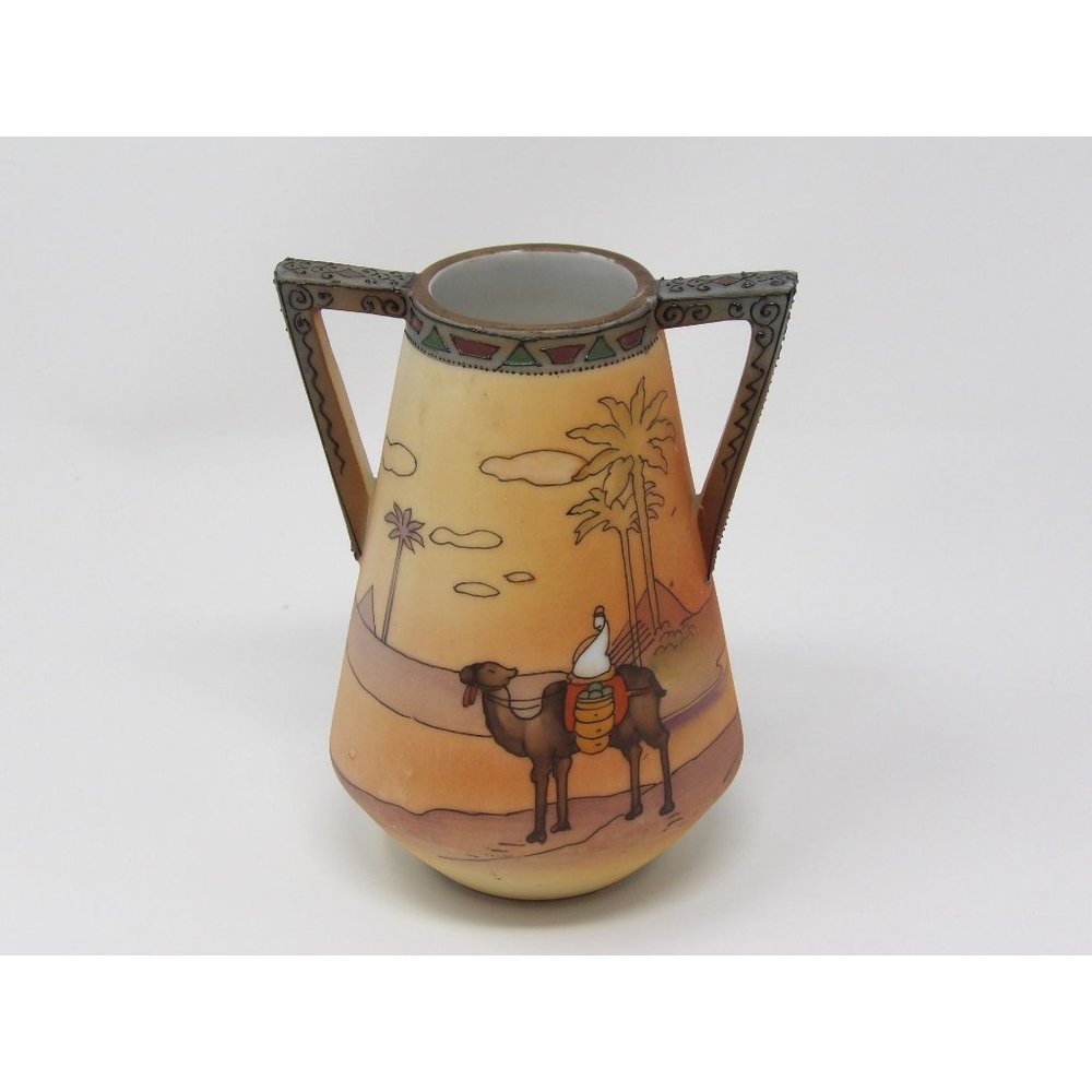 Antique Hand Painted Nippon Green Label Handled Vase with Egyptian Scene with Mo